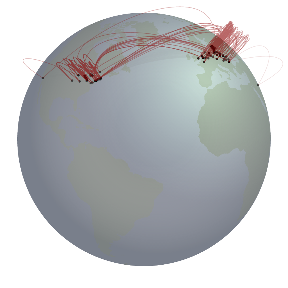Image of globe mapped with vilna troupe routes